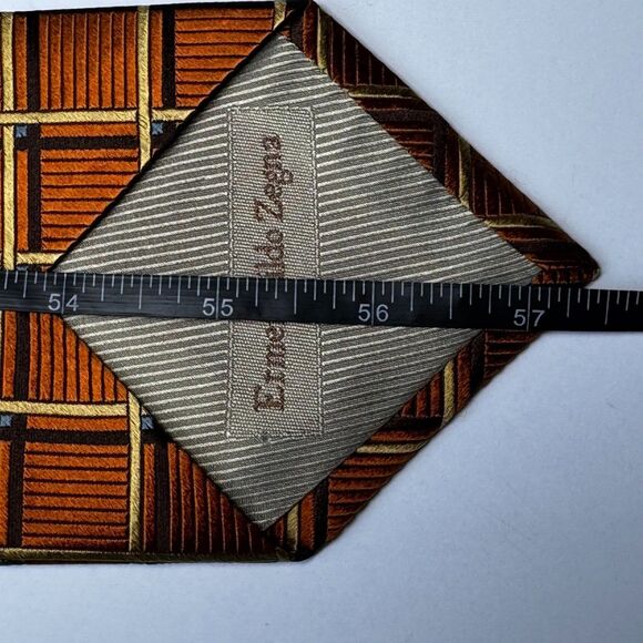 Ermenegildo Zegna Silk Tie Brown Copper Gold Geometric Grid Made in Italy - Picture 6 of 9